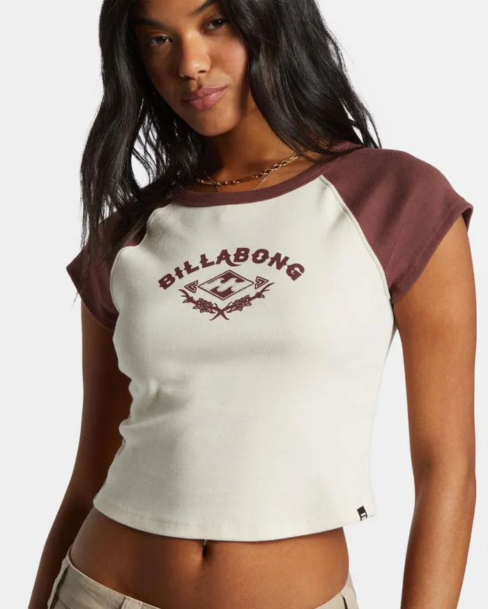 Womens Blissed Cropped Raglan TShirt Choc Chip Billabong Graphic Tees and Tanks Womens Blissed Cropped Raglan TShirt Choc Chip Billabong Graphic Tees and Tanks