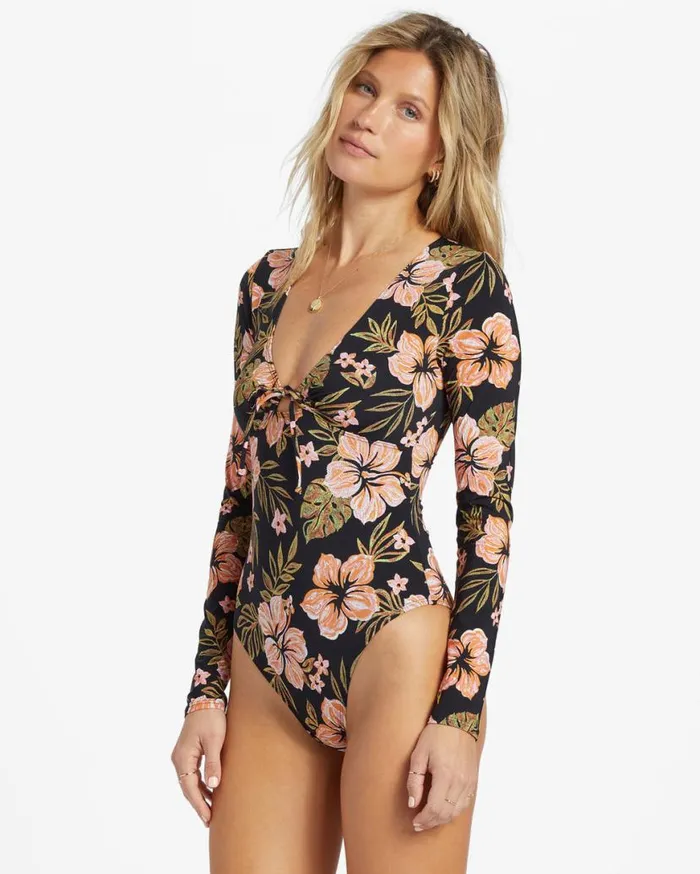 Womens Hooked On Tropics Surf Tee Black Pebble Billabong Rashguards and Bodysuits