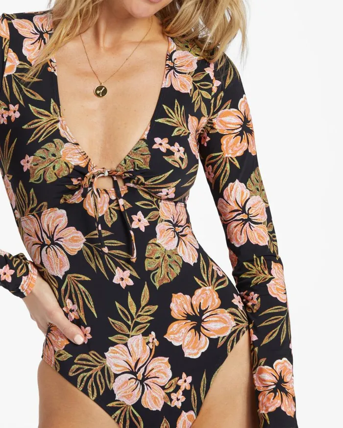 Womens Hooked On Tropics Surf Tee Black Pebble Billabong Rashguards and Bodysuits