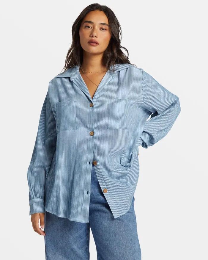 Womens Swell Oversized Long Sleeve Shirt Blue Shadow Billabong Tops