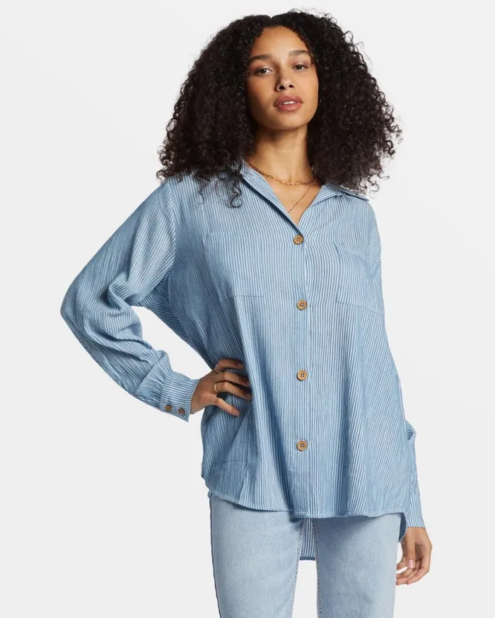 Womens Swell Oversized Long Sleeve Shirt Blue Shadow Billabong Tops