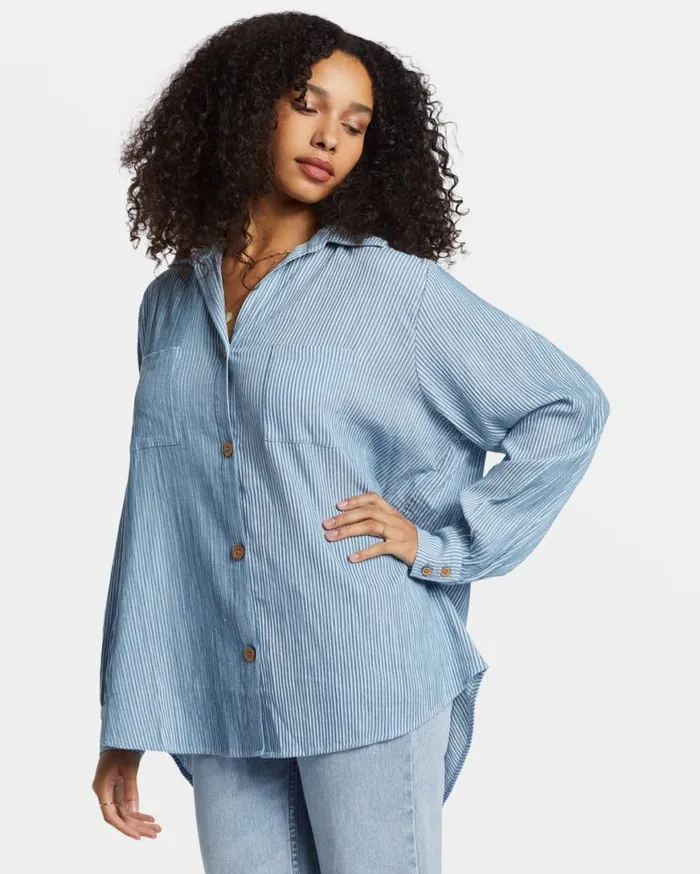 Womens Swell Oversized Long Sleeve Shirt Blue Shadow Billabong Tops