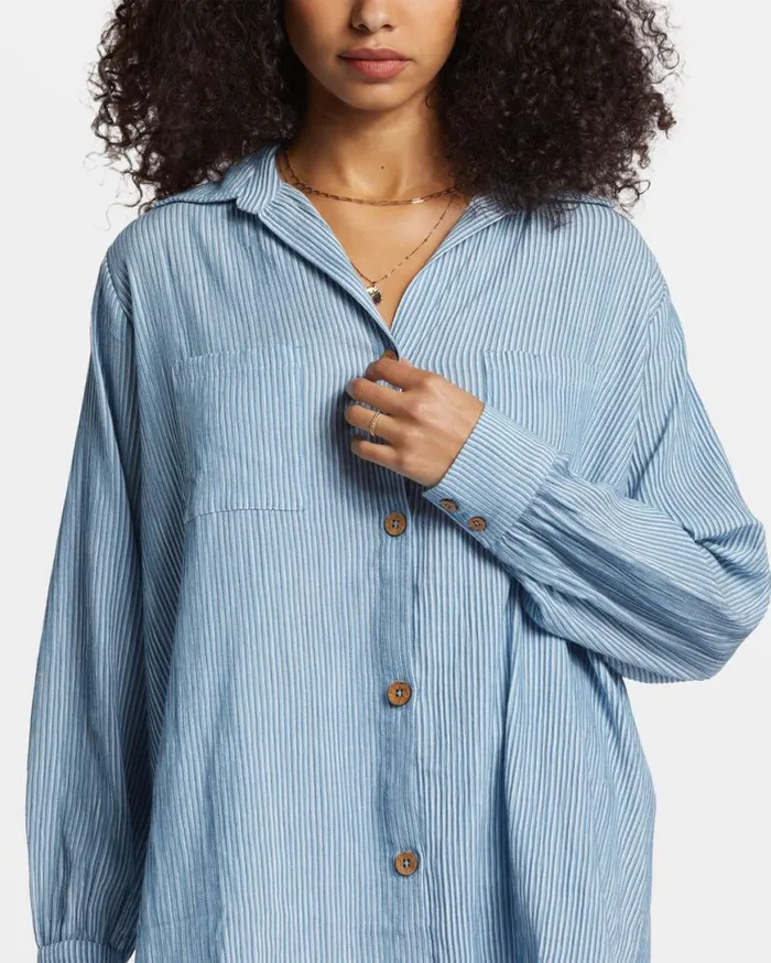 Womens Swell Oversized Long Sleeve Shirt Blue Shadow Billabong Tops