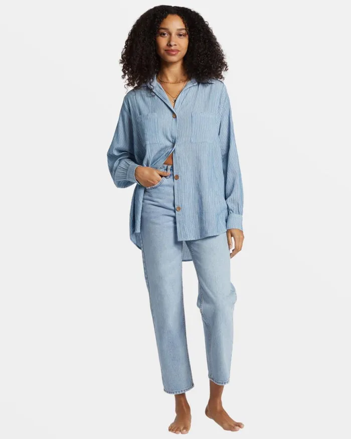 Womens Swell Oversized Long Sleeve Shirt Blue Shadow Billabong Tops