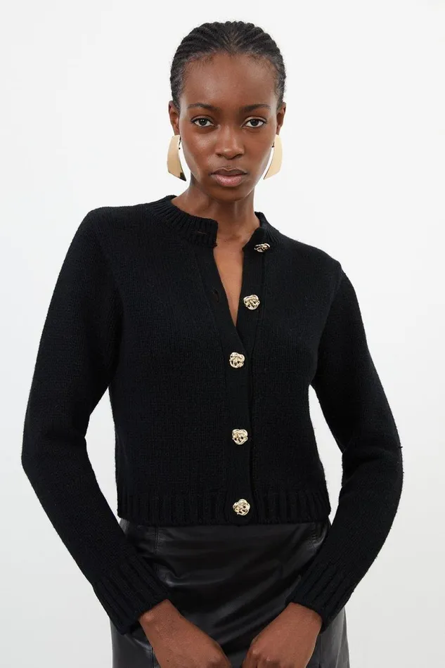 Wool Blend Gold Button Trim Cardi Black Women Karen Millen Knitwear