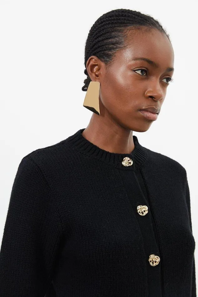 Wool Blend Gold Button Trim Cardi Black Women Karen Millen Knitwear