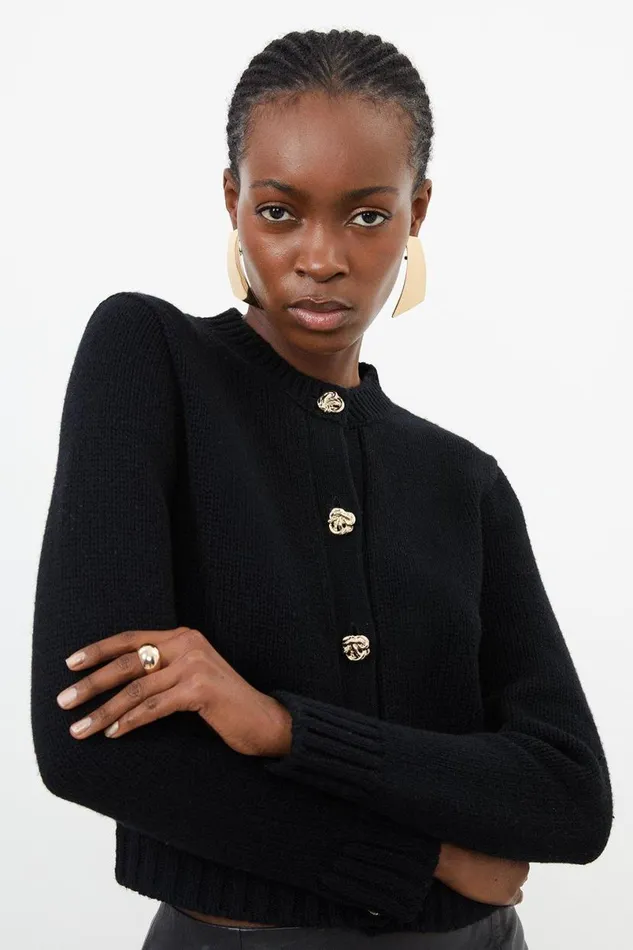 Wool Blend Gold Button Trim Cardi Black Women Karen Millen Knitwear