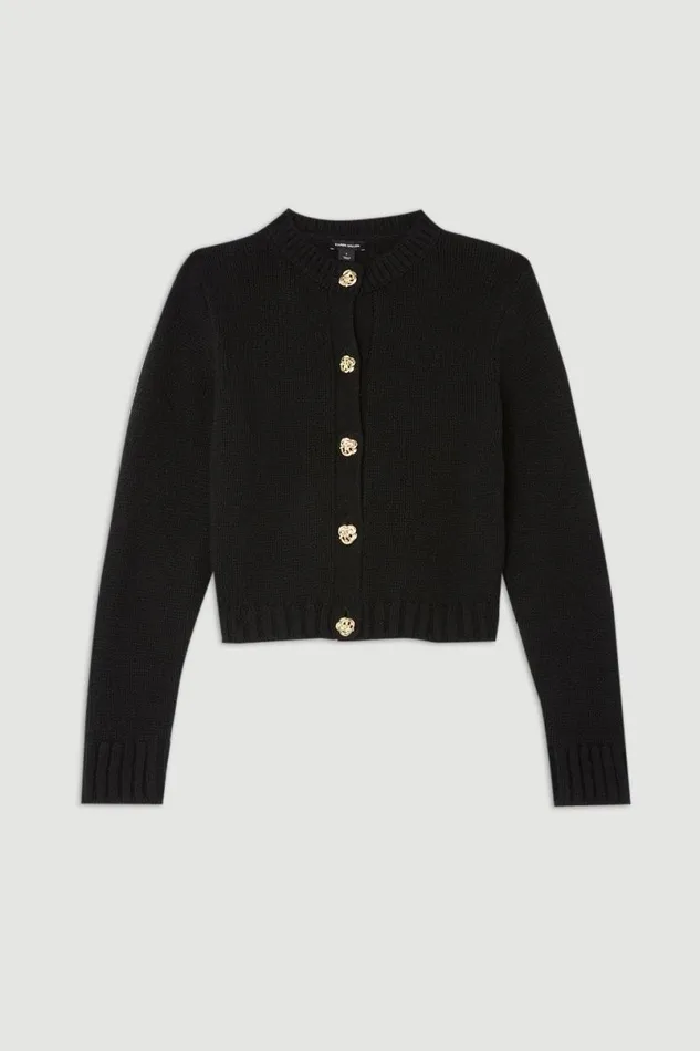 Wool Blend Gold Button Trim Cardi Black Women Karen Millen Knitwear