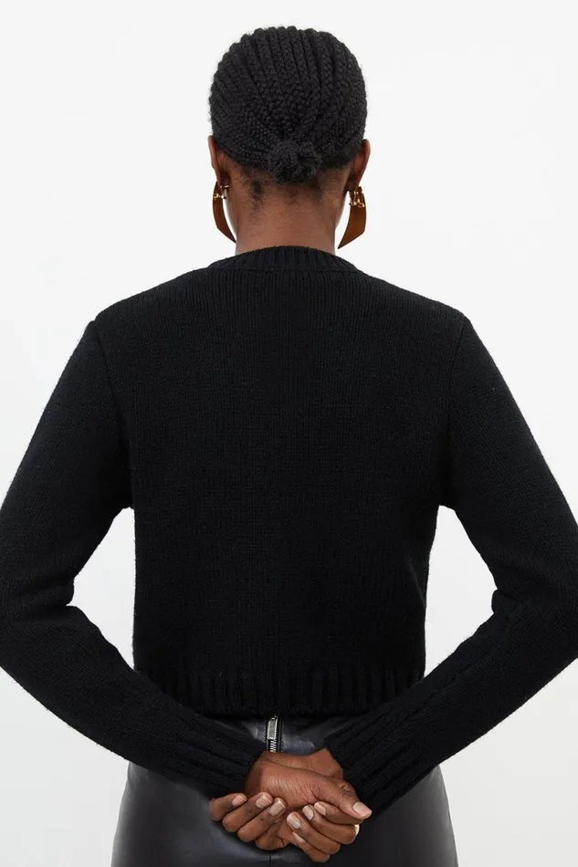 Wool Blend Gold Button Trim Cardi Black Women Karen Millen Knitwear