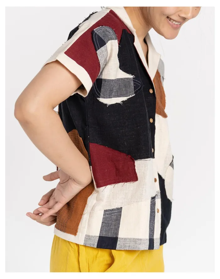 World Of Crow Organic Cotton Boro Boro Shirt Multicolor Women Madewell Tops and Shirts
