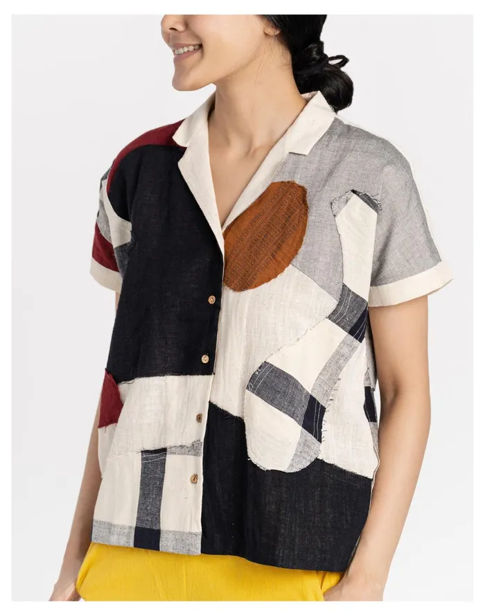 World Of Crow Organic Cotton Boro Boro Shirt Multicolor Women Madewell Tops and Shirts